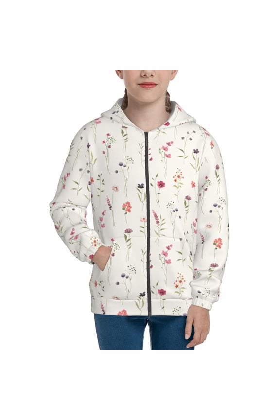 Wildflower Watercolor Teenage Zipper Hoodie, Long Sleeve Zip Up Hoodies Casual Jackets Tops for 7-12 Years-Medium