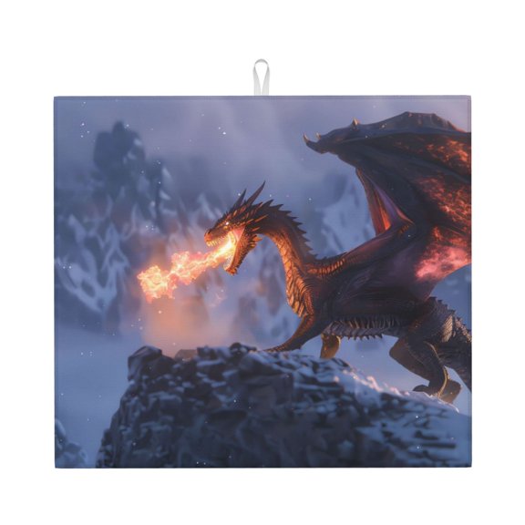 Naloa Winter Fire Dragon Dish Drying Mat for Kitchen Counter, Heat Resistant Drainer Mats, Absorbent Draining Mat,Dish Rack Pad,16"x18"