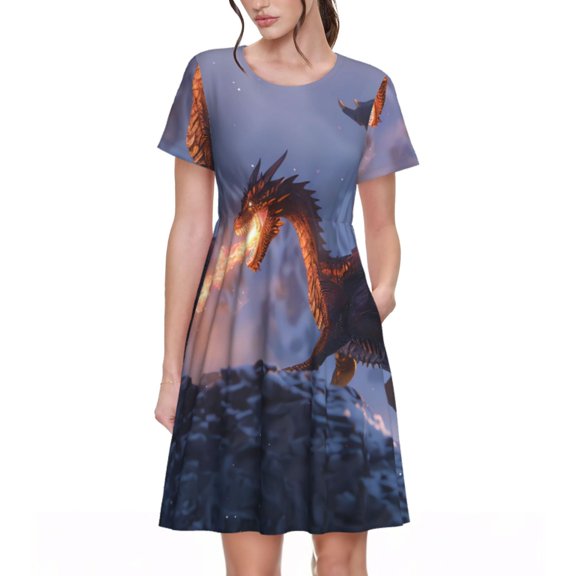 Naloa Winter Fire Dragon Print Womens Summer A-Line Dress with Pockets,Short Sleeve Dresses,Flowy Beach Swing Dress for Vacation Travel