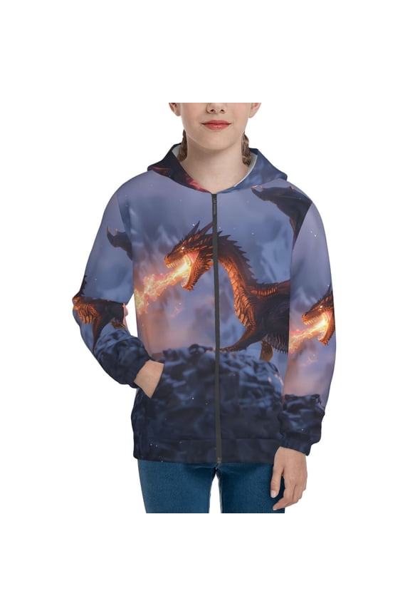 Winter Fire Dragon Teenage Zipper Hoodie, Long Sleeve Zip Up Hoodies Casual Jackets Tops for 7-12 Years-Medium