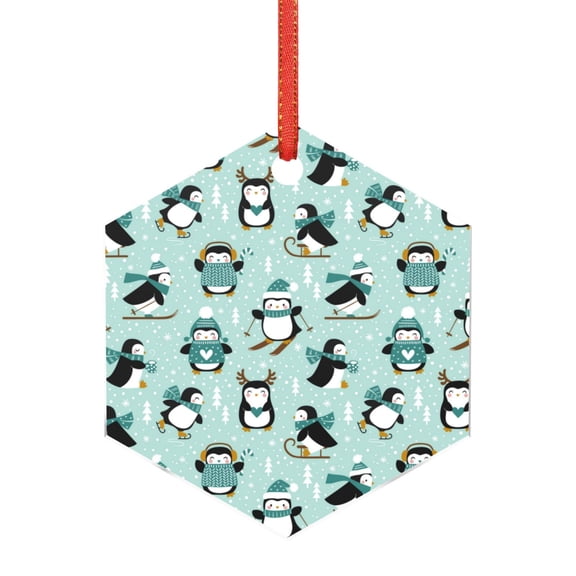 Naloa Winter Skiing Penguin Acrylic Santa Tree Decorations Christmas Hanging Pendant for Christmas Winter New Year Party Hanging Decorations-Hexagon