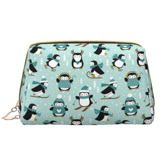 Naloa Winter Skiing Penguin Leather Makeup Bag for Purse Travel, Portable Small Cosmetic Organizer for Women and Girls, Make up Bag with Zipper