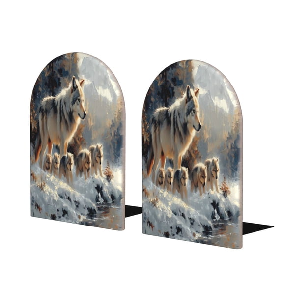 Naloa Wolf Family Winter Wonderland 2 Pcs Bookend Large Capacity Office Book Ends for Home Office Library School Study Decoration