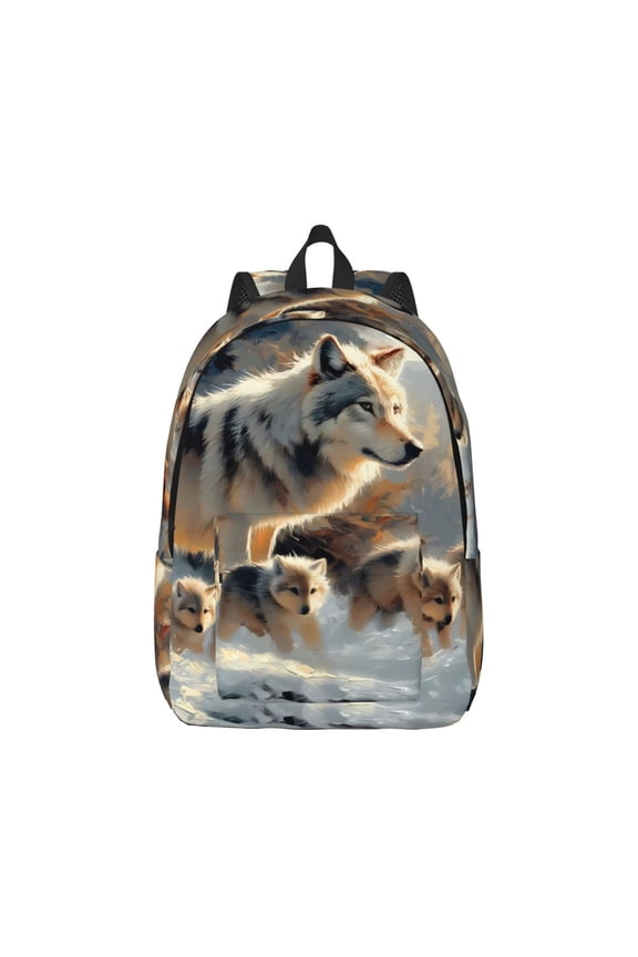 Wolf Family Winter Wonderland Canvas Backpack for Men Women Rucksack Casual Travel Daypack College Tote Satchel Bookbag for Teens-Small