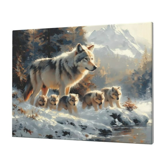 Naloa Wolf Family Winter Wonderland Print Canvas Picture,Wall Pictures, Modern Decorative Poster,Art Prints for Bedroom, Toilet, 40 x 30 cm, Built-in Wooden Frame