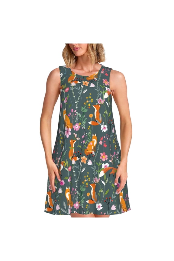 Wolf Fox In Flower Forest Print Women's Summer Spring Casual Beach Sundress,Vacation Sleeveless Tank Crewneck Loose Dresses