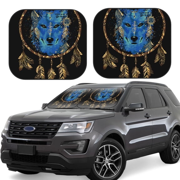 Naloa Wolf Head And Dreamcatcher Print 2-Piece Windshield Sunshade,Foldable Car Front Window Sun Shades,for Most Sedans SUV Truck-Small