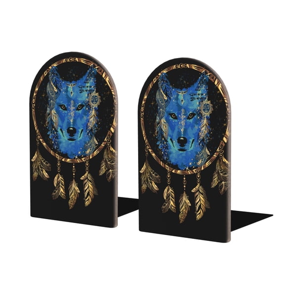 Naloa Wolf Head And Dreamcatcher Wood Non-Skid Bookend for Shelves,Book Ends for Heavy Books, Book Stand for CDs,1 Pair