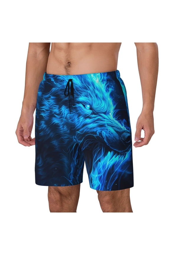 Wolf Print Men Swim Trunks with Compression Liner ,Board Shorts,Men's Swim Shorts with Drawstring and Elastic Waistband-Large