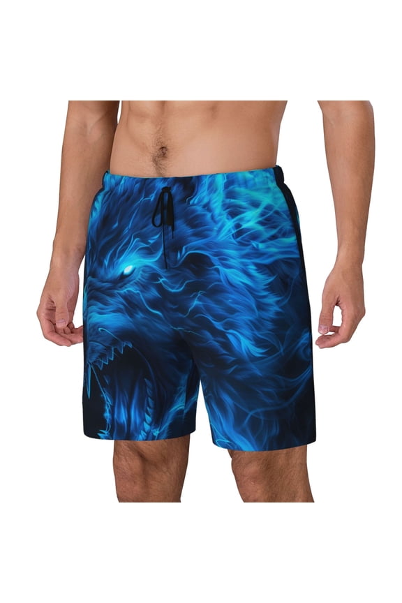 Wolf Print Men Swim Trunks with Compression Liner ,Board Shorts,Men's Swim Shorts with Drawstring and Elastic Waistband-Medium