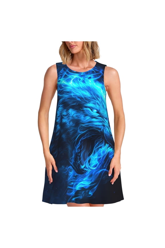 Wolf Print Women's Summer Spring Casual Beach Sundress,Vacation Sleeveless Tank Crewneck Loose Dresses