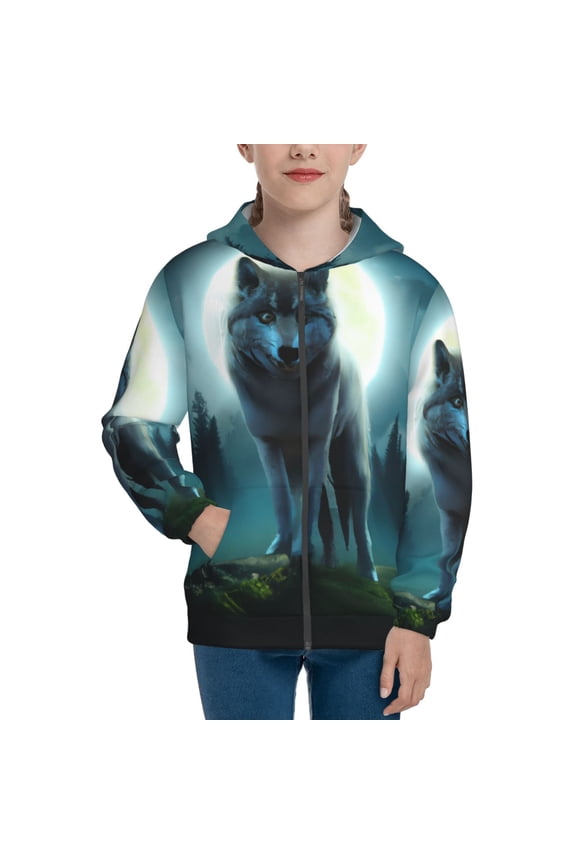 Wolf Teenage Zipper Hoodie, Long Sleeve Zip Up Hoodies Casual Jackets Tops for 7-12 Years-Medium