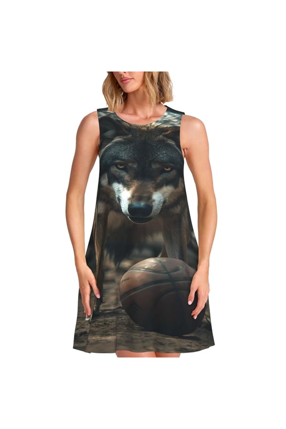 Wolf With Basketball Print Women's Summer Spring Casual Beach Sundress,Vacation Sleeveless Tank Crewneck Loose Dresses