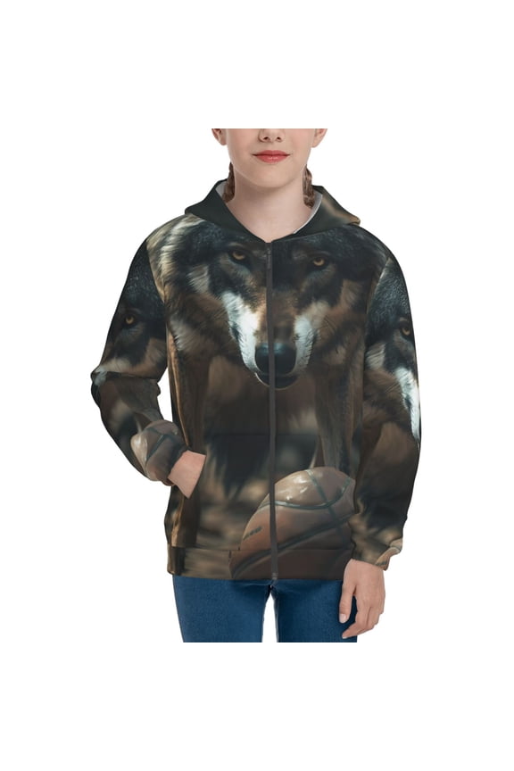 Wolf With Basketball Teenage Zipper Hoodie, Long Sleeve Zip Up Hoodies Casual Jackets Tops for 7-12 Years-Small