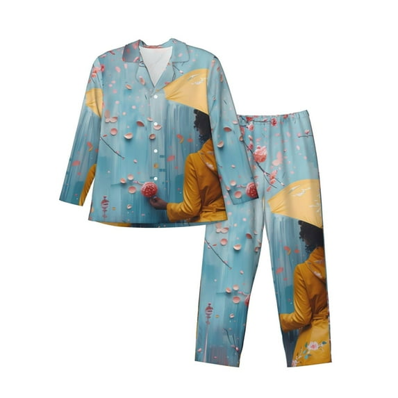 Naloa Woman Under Blossoming Tree Men’s Pajamas Set - Long Sleeve Button Down Sleep Shirt and Pajama Bottoms Sleepwear Set-Small