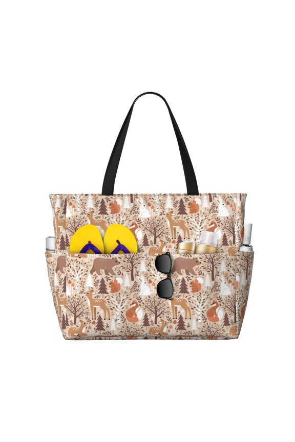 Woodland Animals in Neutral Tones Large Capacity Beach Bag, Waterproof Sandproof Beach Swim Pool Bag Tote Bag for Women