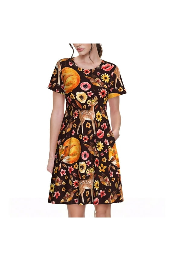 Woodland Creatures Floral Print Womens Summer A-Line Dress with Pockets,Short Sleeve Dresses,Flowy Beach Swing Dress for Vacation Travel