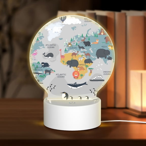 Naloa The World Map with Cartoon Animals Acrylic LED Night Light Custom LED Lights Personalized Nightlight Customized Gifts for Family Couples Friends