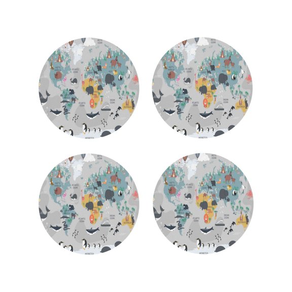 Naloa The World Map with Cartoon Animals Leather Coasters for Drinks, Durable Drink Coasters 4 Set for Tabletop Protection, Luxurious Home Décor and Housewarming Gift ( {designName})Round Shape