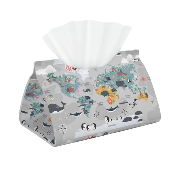 Naloa The World Map with Cartoon Animals Print Leather Tissue Box Cover Rectangle | Long Tissue Box Cover | Tissue Box Holder | Tissue Holder for Bathroom