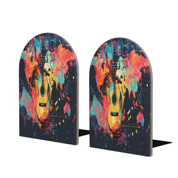 Naloa World Map Guitar Illustration 2 Pcs Bookend Large Capacity Office Book Ends for Home Office Library School Study Decoration