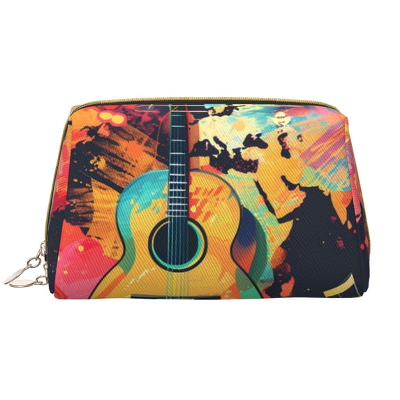 Naloa World Map Guitar Illustration Leather Makeup Bag for Purse Travel, Portable Small Cosmetic Organizer for Women and Girls, Make up Bag with Zipper