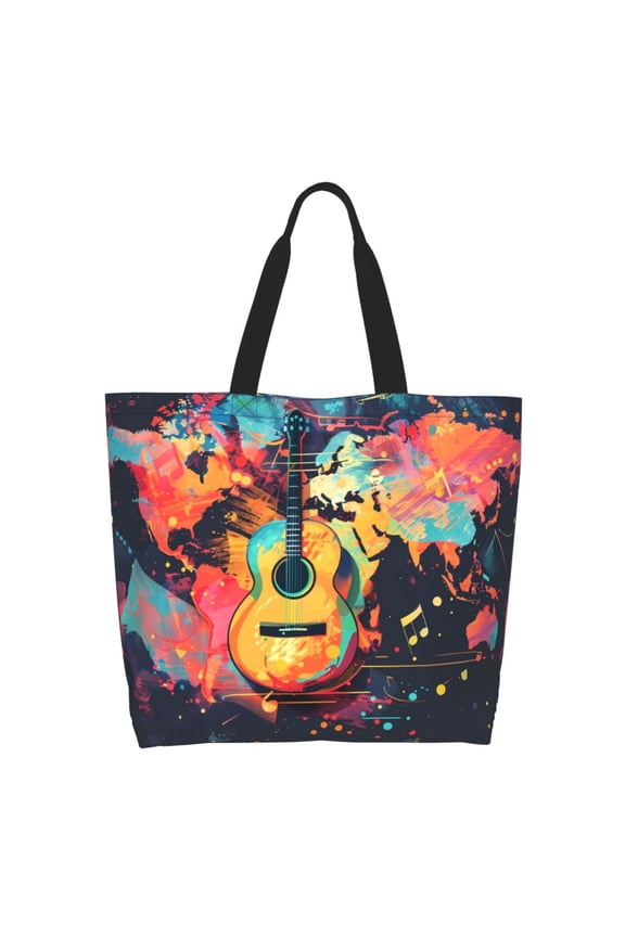 World Map Guitar Illustration Tote Bag for Women Large Capacity Shoulder Bag for College Work Travel Shopping