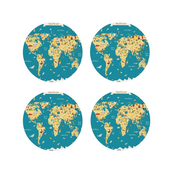 Naloa World Map With Landmarks Leather Coasters for Drinks, Durable Drink Coasters 4 Set for Tabletop Protection, Luxurious Home Décor and Housewarming Gift ( {designName})Round Shape