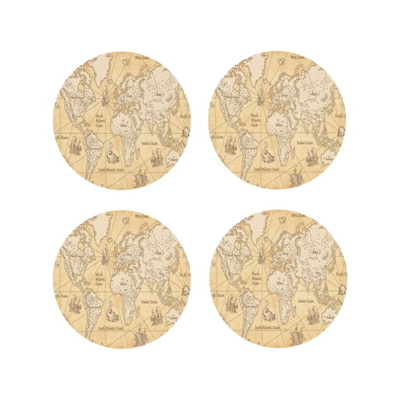 Naloa World Map Leather Coasters for Drinks, Durable Drink Coasters 4 Set for Tabletop Protection, Luxurious Home Décor and Housewarming Gift ( {designName})Round Shape