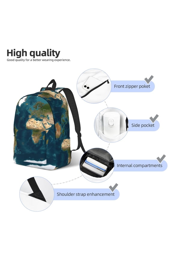 World Map Print Durable Canvas College Rucksack,Laptop Excursion Backpack,Travel Notebook School Backpack,Bookbag For Men Women