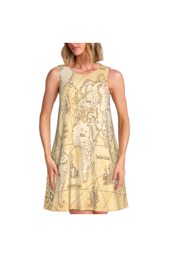World Map Print Women's Summer Spring Casual Beach Sundress,Vacation Sleeveless Tank Crewneck Loose Dresses