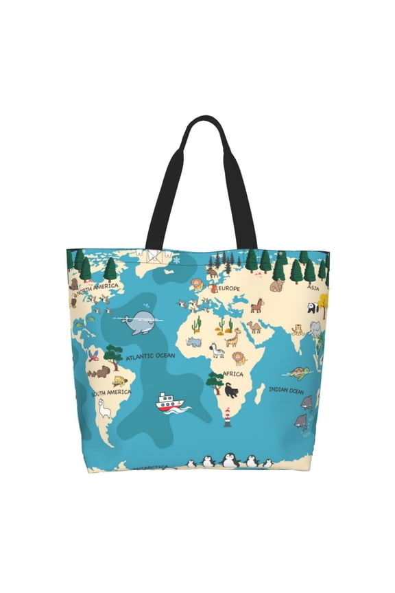 World Map With Animal Tote Bag for Women Large Capacity Shoulder Bag for College Work Travel Shopping