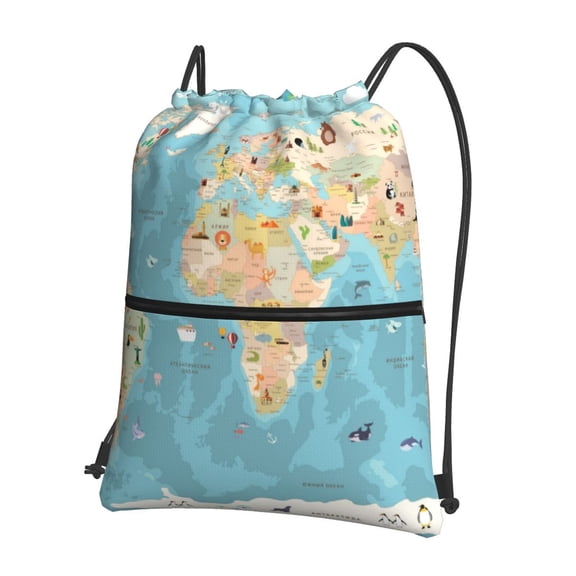 Naloa World Map With Animals 1 Drawstring Backpack String Bag Cinch Water Resistant for Gym Shopping Sport Yoga
