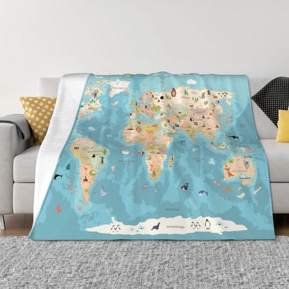 Naloa World Map With Animals 1 Flannel Fleece Throw Blanket for Bed Couch, Thick Blanket - All Seasons Suitable for Women, Men and Kids-60"x50"