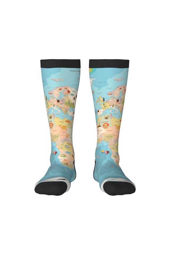 World Map With Animals 1 Knee Socks, High Socks Long Stretchy Sock Women Knee High Stocking, Long Socks for Women