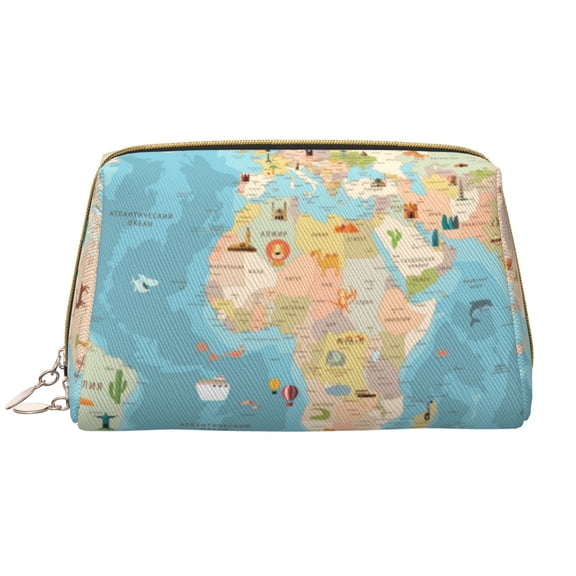 Naloa World Map With Animals 1 Leather Makeup Bag for Purse Travel, Portable Small Cosmetic Organizer for Women and Girls, Make up Bag with Zipper