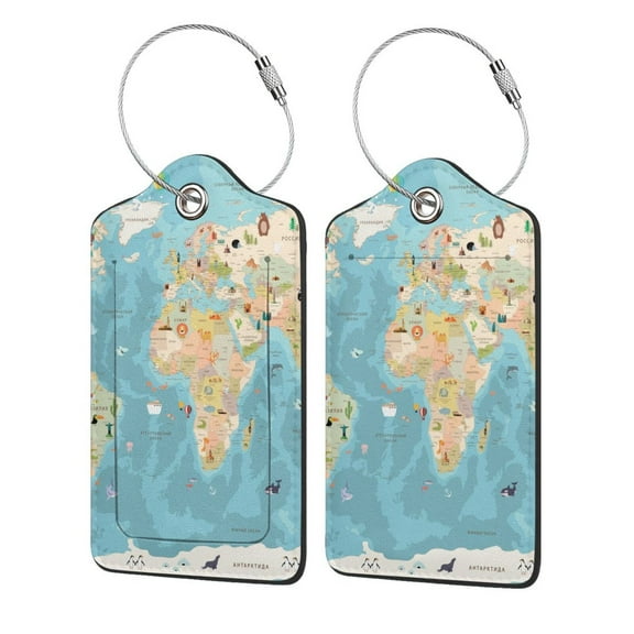 Naloa World Map With Animals 1 Luggage Tag for Suitcase Leather Baggage Tag with Stainless Steel Loop Privacy Cover for Women Men Girls-1