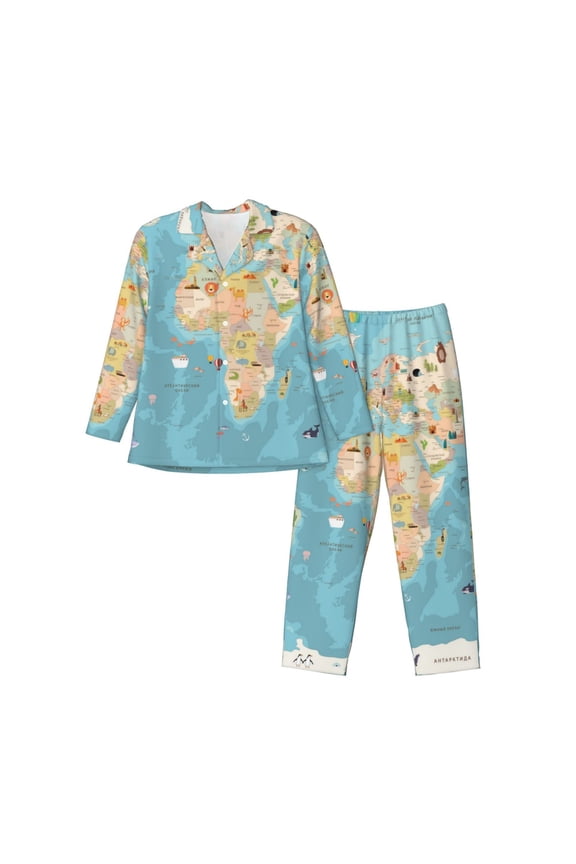 World Map With Animals 1 Men’s Pajamas Set - Long Sleeve Button Down Sleep Shirt and Pajama Bottoms Sleepwear Set-XX-Large