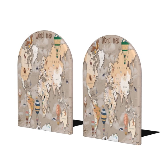 Naloa World Map With Animals 2 Pcs Bookend Large Capacity Office Book Ends for Home Office Library School Study Decoration
