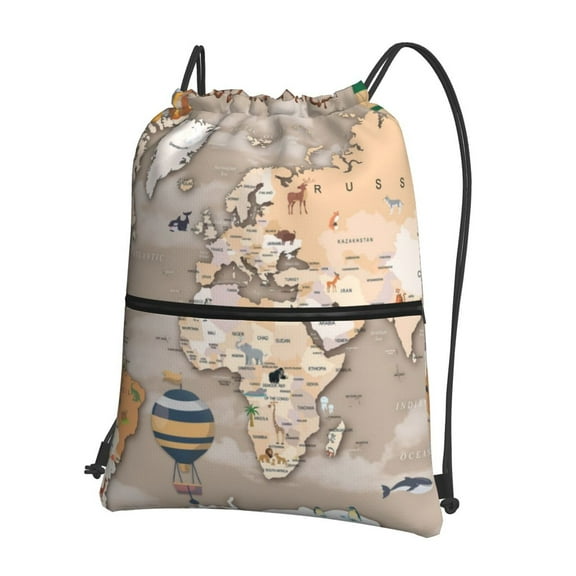 Naloa World Map With Animals Drawstring Backpack String Bag Cinch Water Resistant for Gym Shopping Sport Yoga