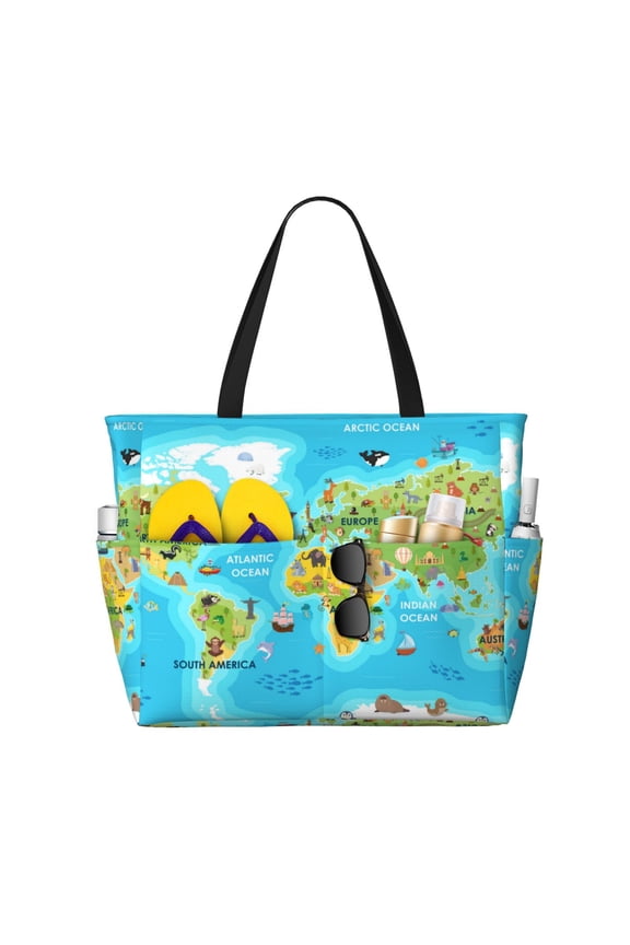 World Map With Animals Landmarks Large Capacity Beach Bag, Waterproof Sandproof Beach Swim Pool Bag Tote Bag for Women