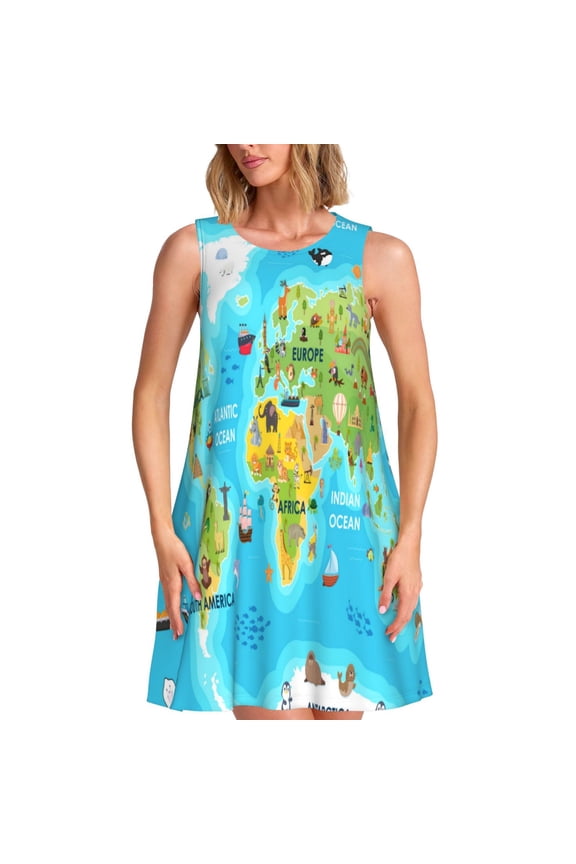 World Map With Animals Landmarks Print Women's Summer Spring Casual Beach Sundress,Vacation Sleeveless Tank Crewneck Loose Dresses