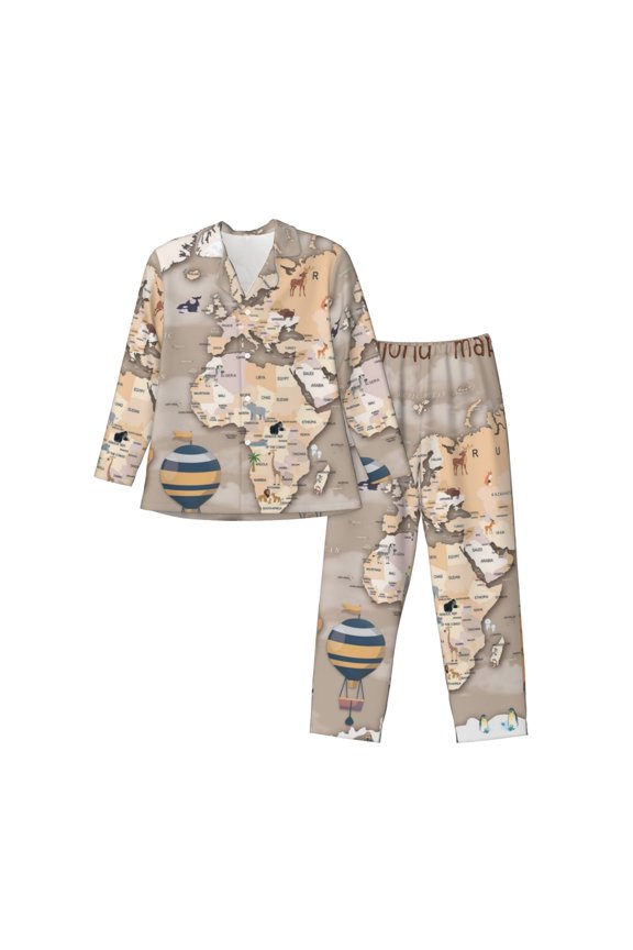 World Map With Animals Men’s Pajamas Set - Long Sleeve Button Down Sleep Shirt and Pajama Bottoms Sleepwear Set-Large