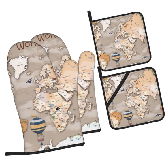 Naloa World Map With Animals Oven Mitts and Pot Holders 4 pcs Set, Cooking Baking Grilling Kitchen Oven Glove for Cooking