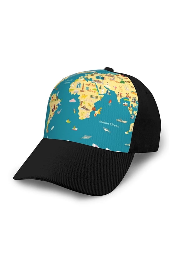 World Map With Landmarks Adult adjustable Print Baseball Hat, Patchwork curved brim baseball capfor Men and Women, One Size