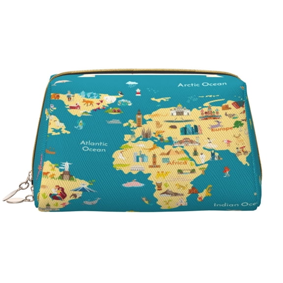 Naloa World Map With Landmarks Leather Makeup Bag for Purse Travel, Portable Small Cosmetic Organizer for Women and Girls, Make up Bag with Zipper