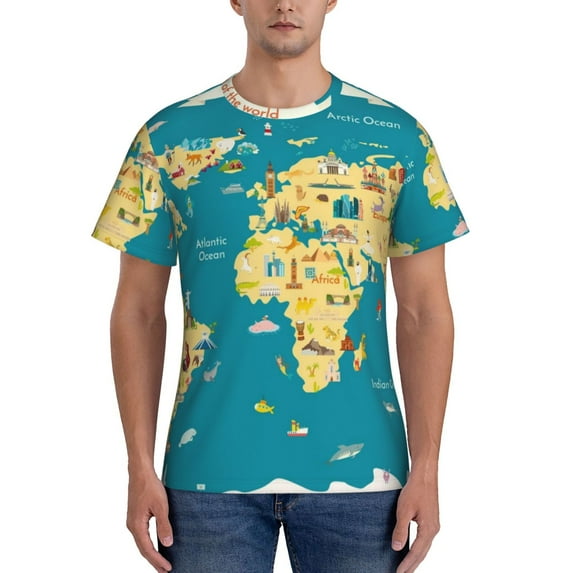 Naloa World Map With Landmarks Men's T-Shirt Sport T-shirt Men's Basic Tee Casual Men's Shirt, Round Neck, Short Sleeves - Large