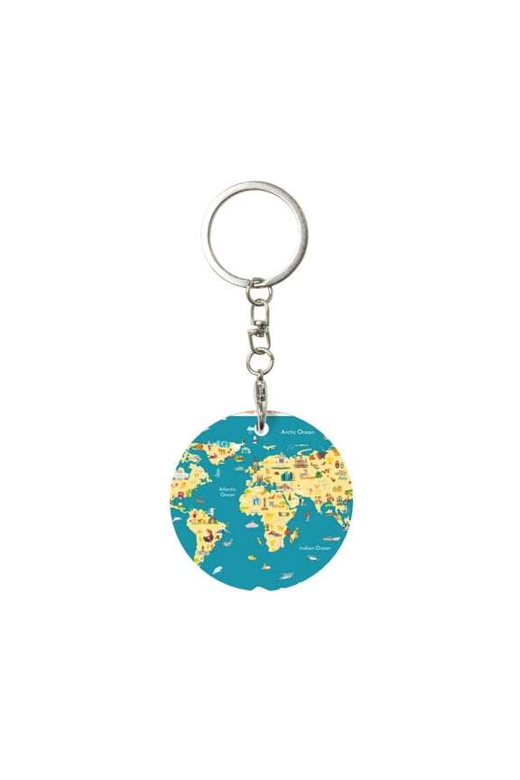 World Map With Landmarks Print Round Keychain Keychain Key Ring, Key Tag, Key Chain Bulk for Gift Accessories (Round)