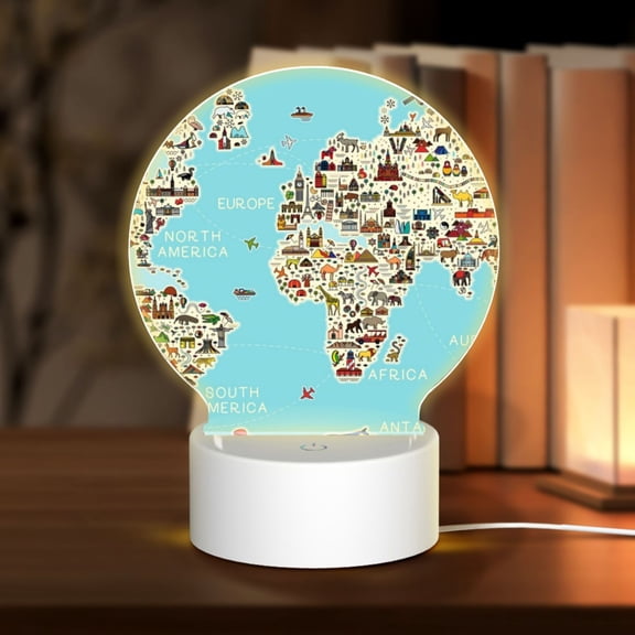 Naloa World Travel Line Icons Map Acrylic LED Night Light Custom LED Lights Personalized Nightlight Customized Gifts for Family Couples Friends