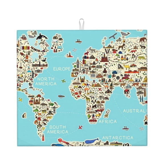 Naloa World Travel Line Icons Map Dish Drying Mat for Kitchen Counter, Heat Resistant Drainer Mats, Absorbent Draining Mat,Dish Rack Pad,16"x18"